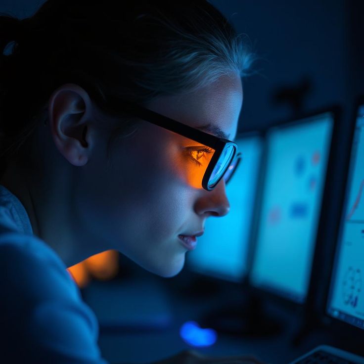 A women protected her eyes using blue light filter spectacles