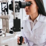 An optometrist taking a driving test at Qatar Optics.
