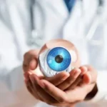 Sample of eye in the hand of an optometrist in an optical shop in Qatar.